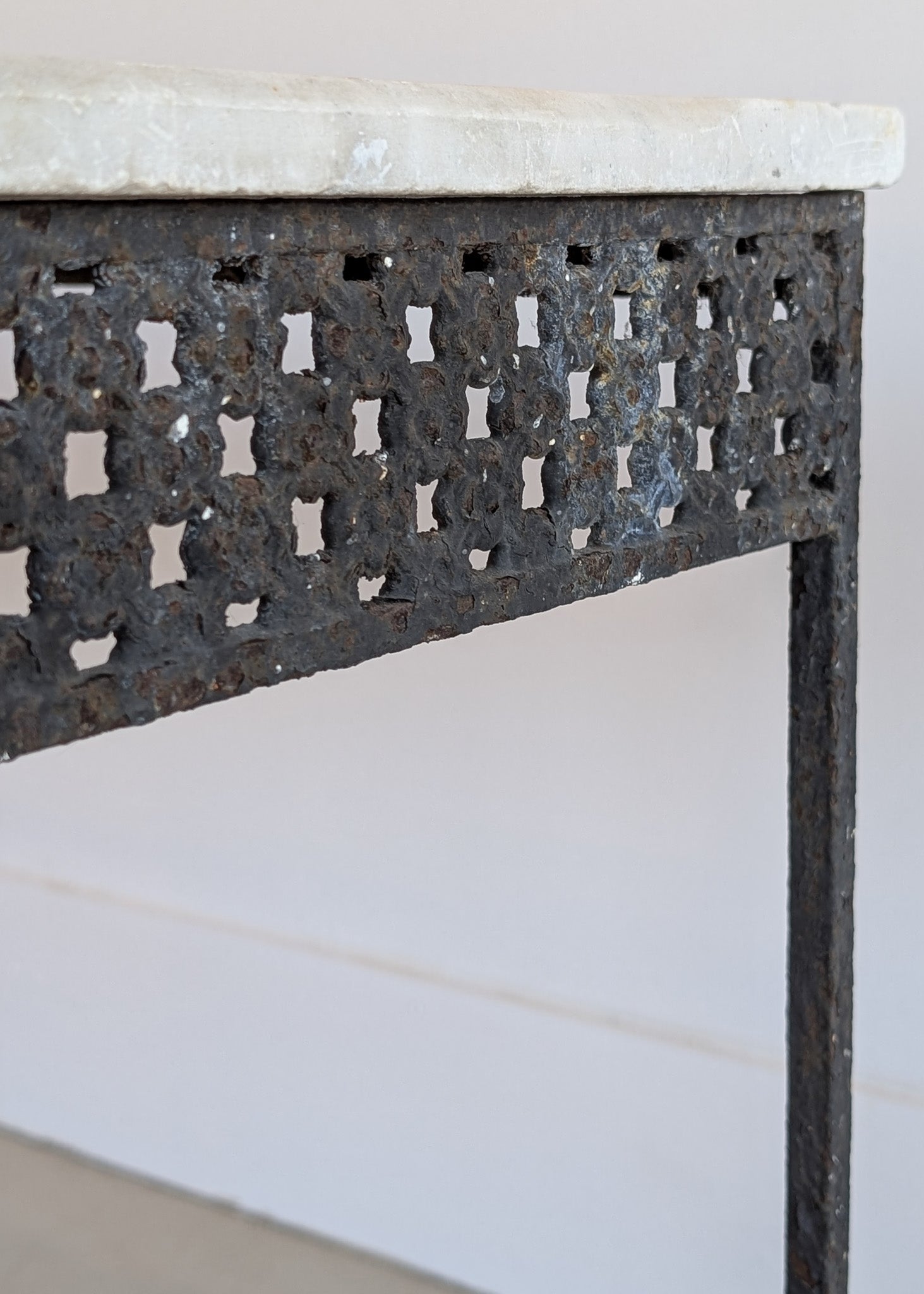 Antique French Marble-Top Console Table with Wrought Iron Base and Quatrefoil Apron and Scroll Detailing