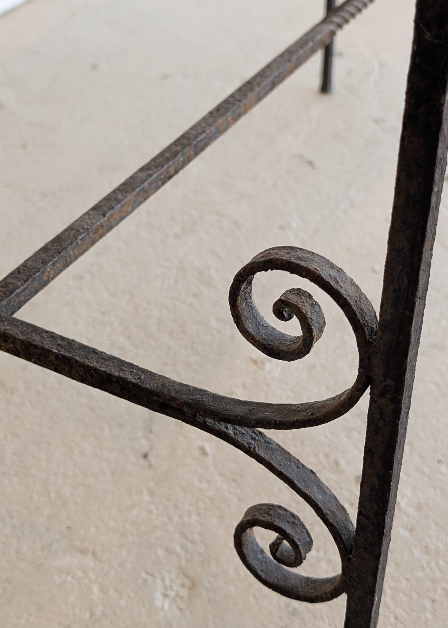 Antique French Marble-Top Console Table with Wrought Iron Base and Quatrefoil Apron and Scroll Detailing