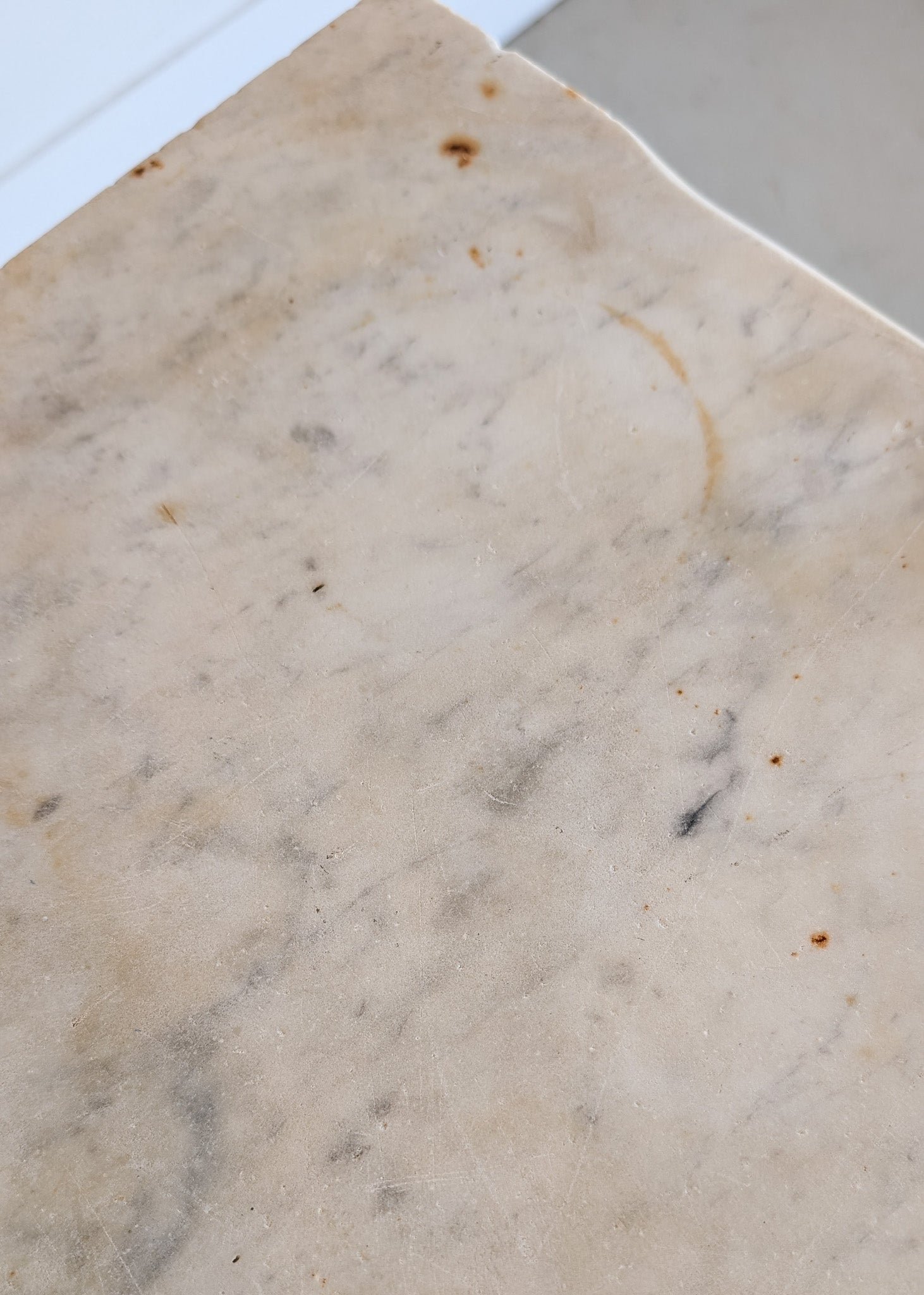 Antique French Marble-Top Console Table with Wrought Iron Base and Quatrefoil Apron and Scroll Detailing