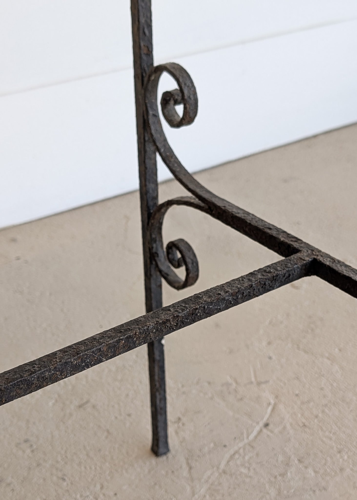 Antique French Marble-Top Console Table with Wrought Iron Base and Quatrefoil Apron and Scroll Detailing