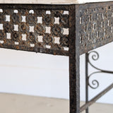 Antique French Marble-Top Console Table with Wrought Iron Base and Quatrefoil Apron and Scroll Detailing