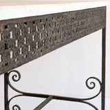Antique French Marble-Top Console Table with Wrought Iron Base and Quatrefoil Apron and Scroll Detailing