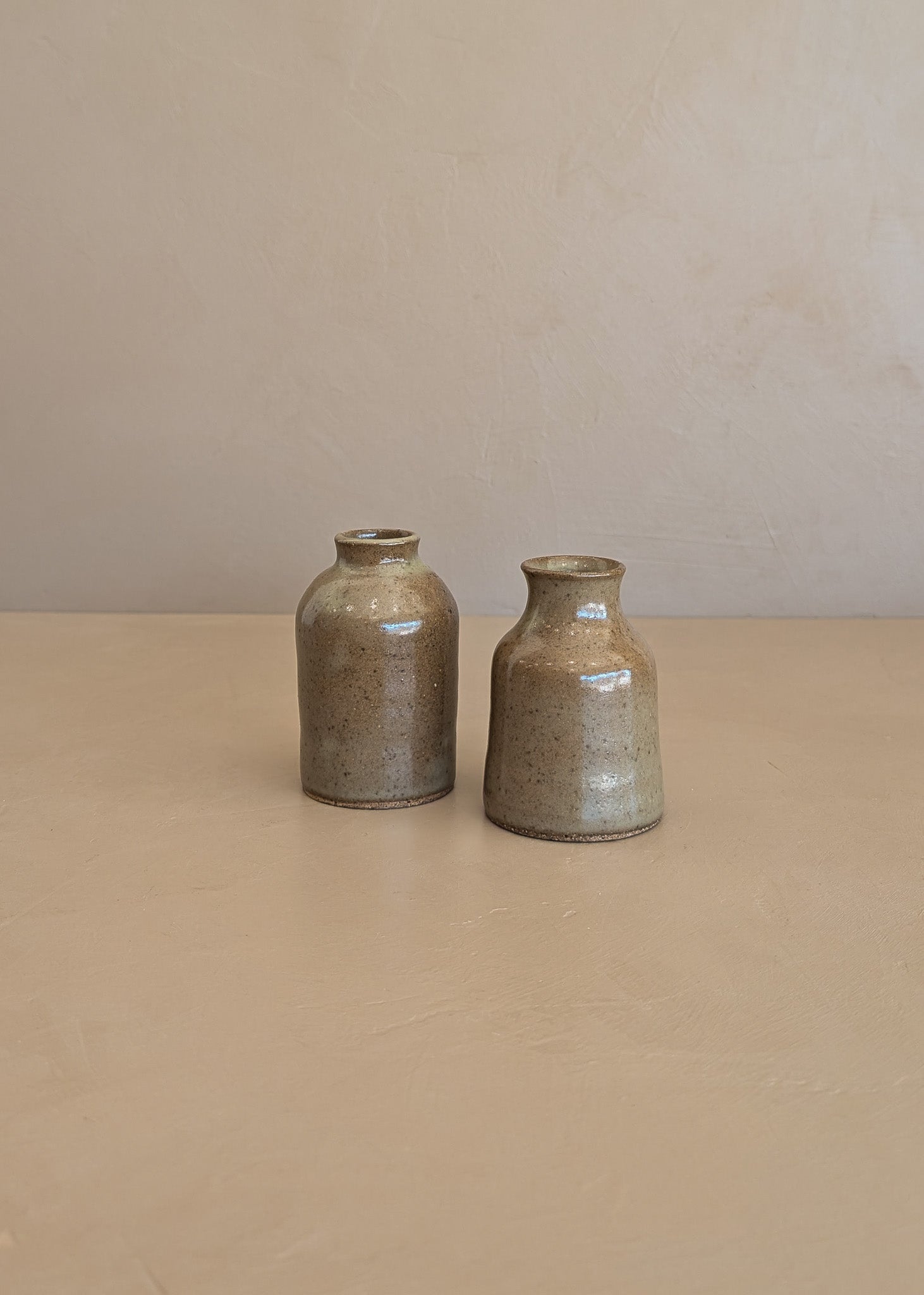 Pair of Petite Neutral Speckled Studio Pottery Bud Vases