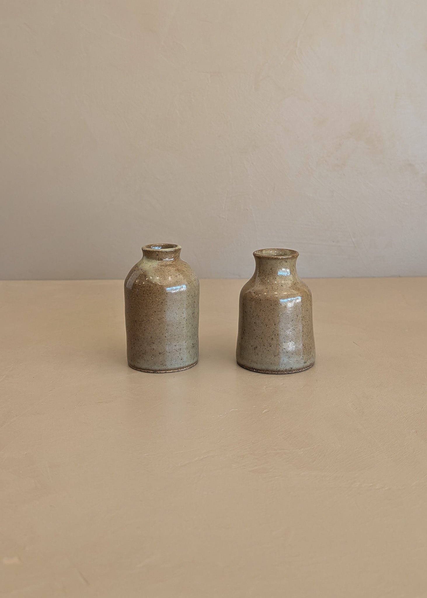 Pair of Petite Neutral Speckled Studio Pottery Bud Vases