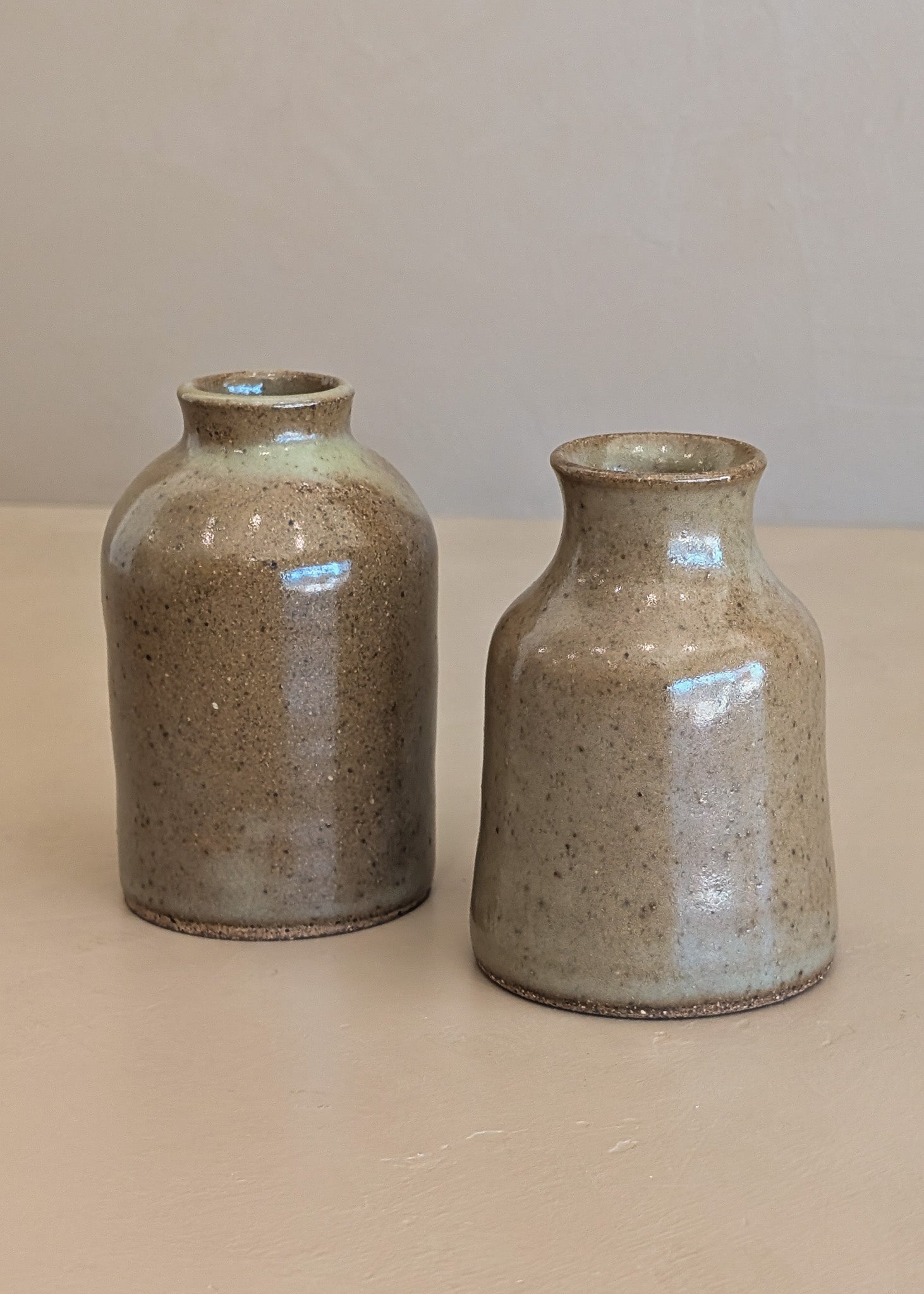 Pair of Petite Neutral Speckled Studio Pottery Bud Vases