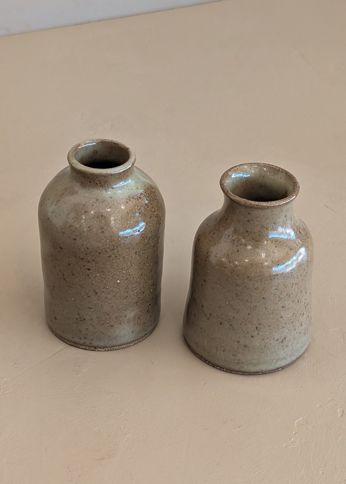 Pair of Petite Neutral Speckled Studio Pottery Bud Vases