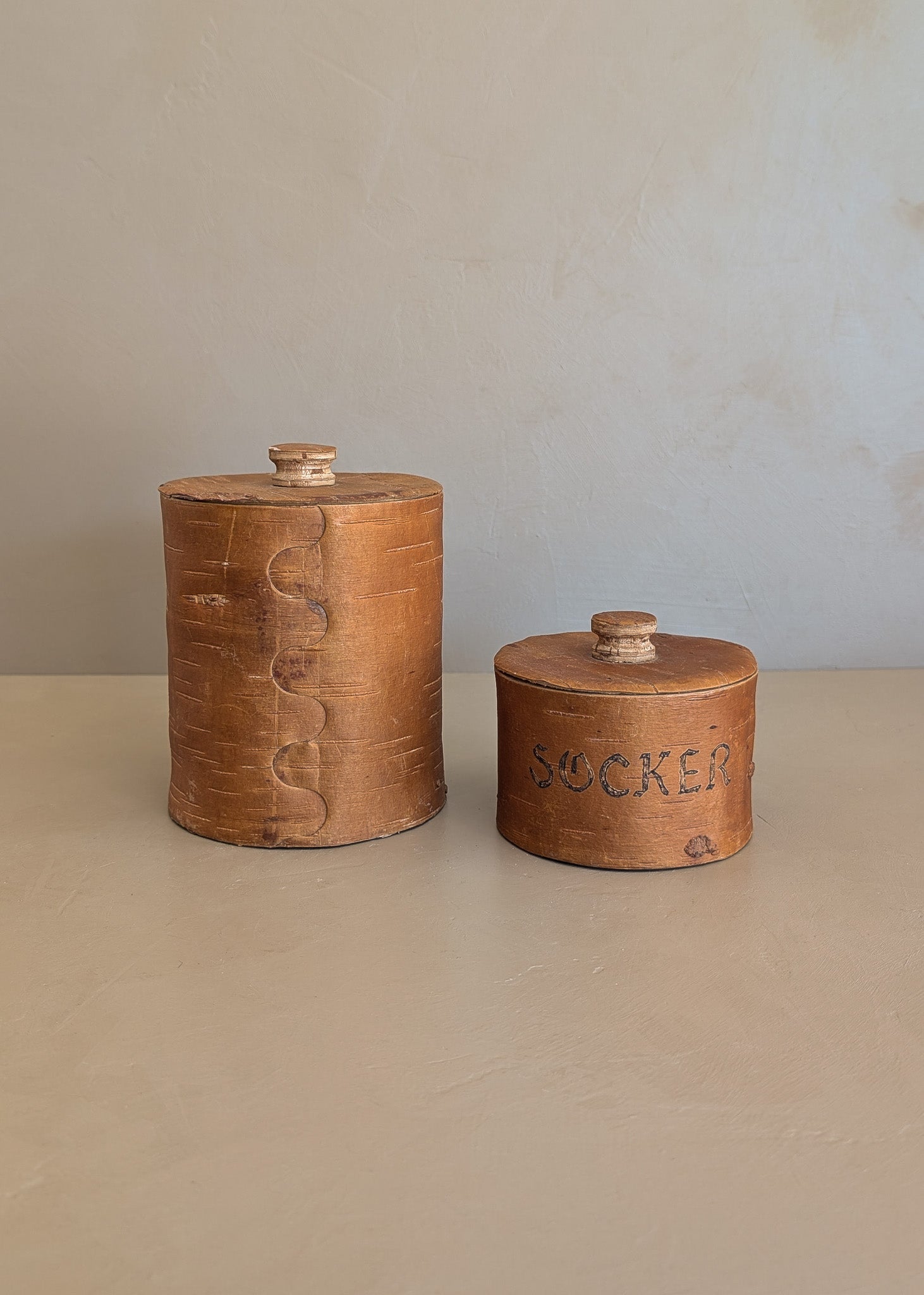 Pair of Vintage Swedish Birch Bark Faux "Kaffe" and "Socker" Coffee and Sugar Canisters