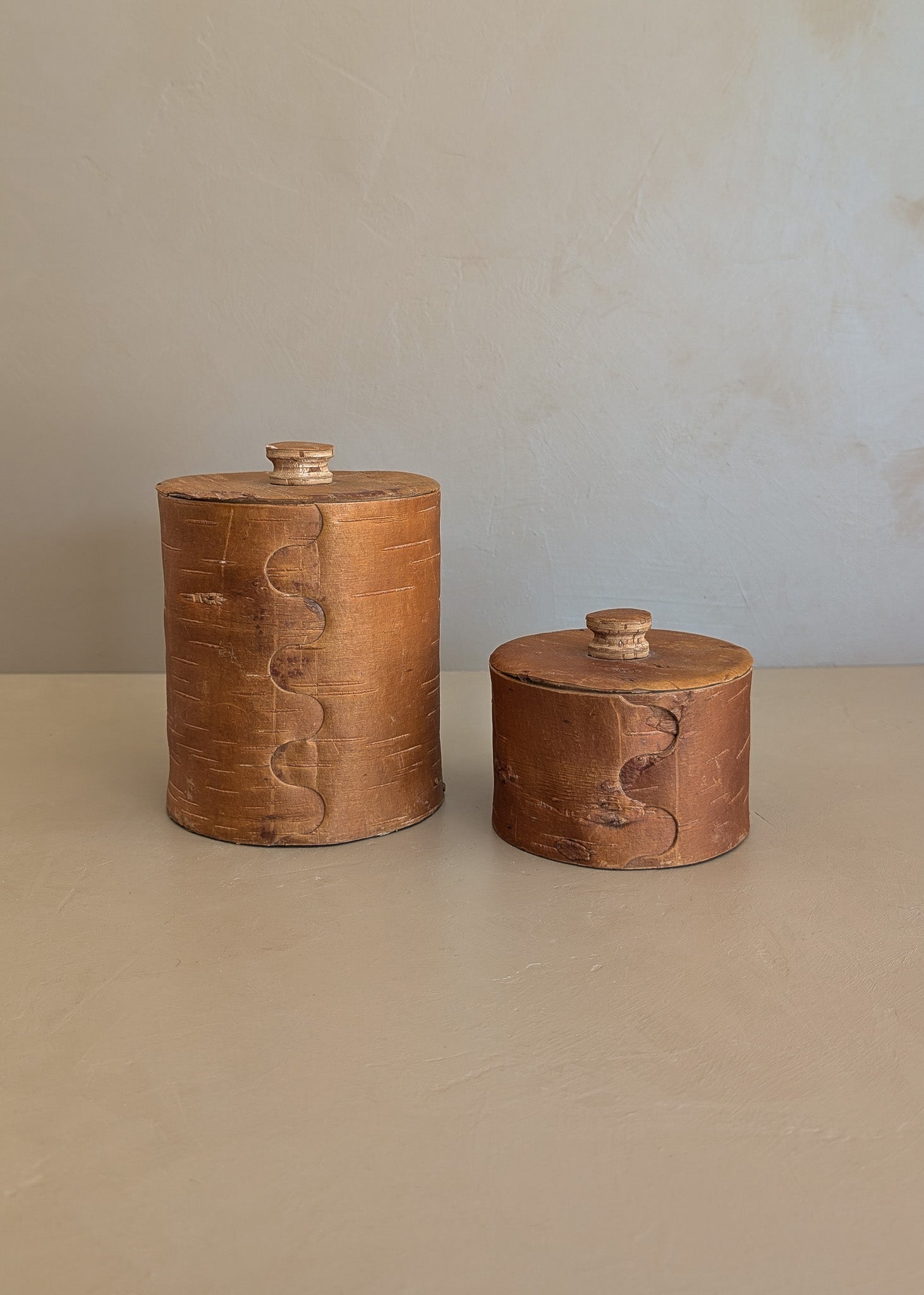 Pair of Vintage Swedish Birch Bark Faux "Kaffe" and "Socker" Coffee and Sugar Canisters