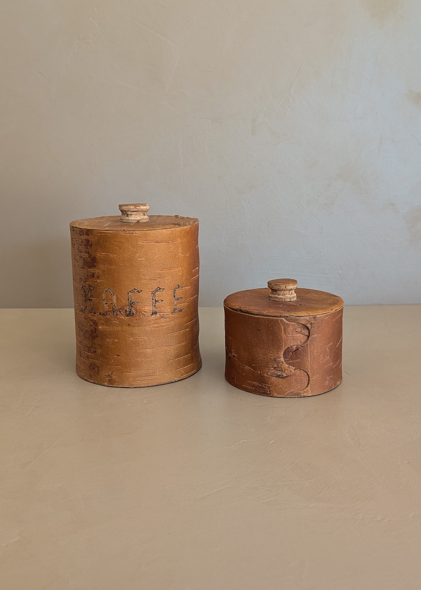 Pair of Vintage Swedish Birch Bark Faux "Kaffe" and "Socker" Coffee and Sugar Canisters