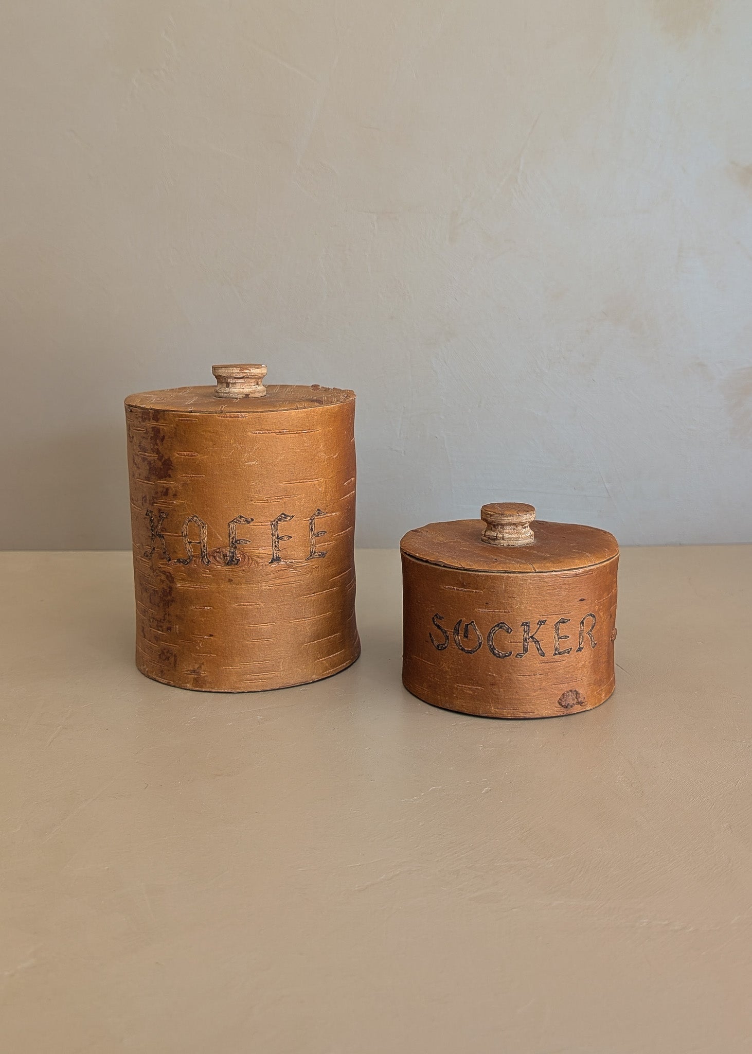 Pair of Vintage Swedish Birch Bark Faux "Kaffe" and "Socker" Coffee and Sugar Canisters