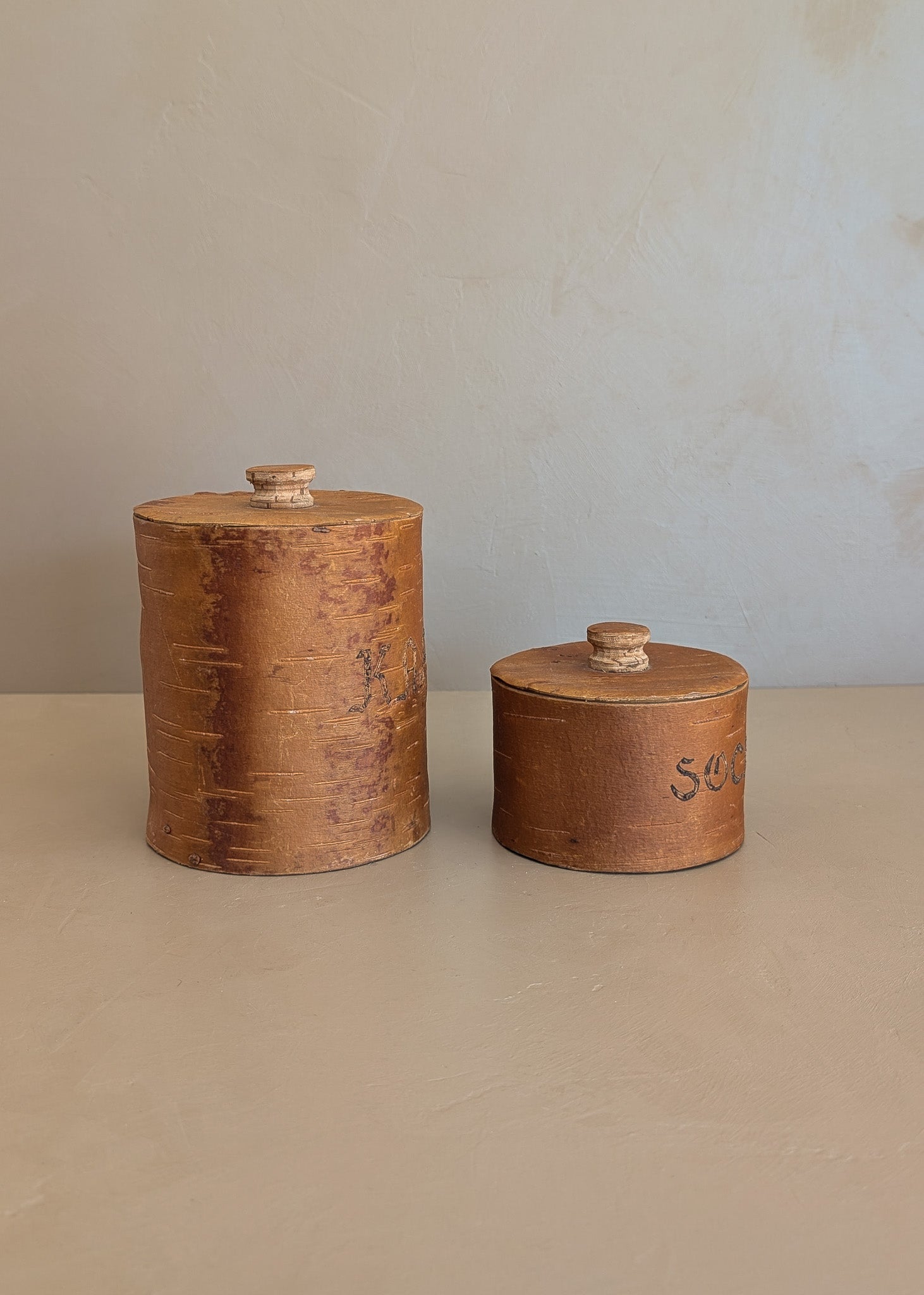 Pair of Vintage Swedish Birch Bark Faux "Kaffe" and "Socker" Coffee and Sugar Canisters