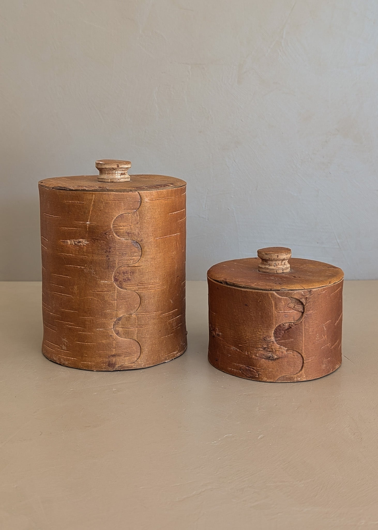 Pair of Vintage Swedish Birch Bark Faux "Kaffe" and "Socker" Coffee and Sugar Canisters
