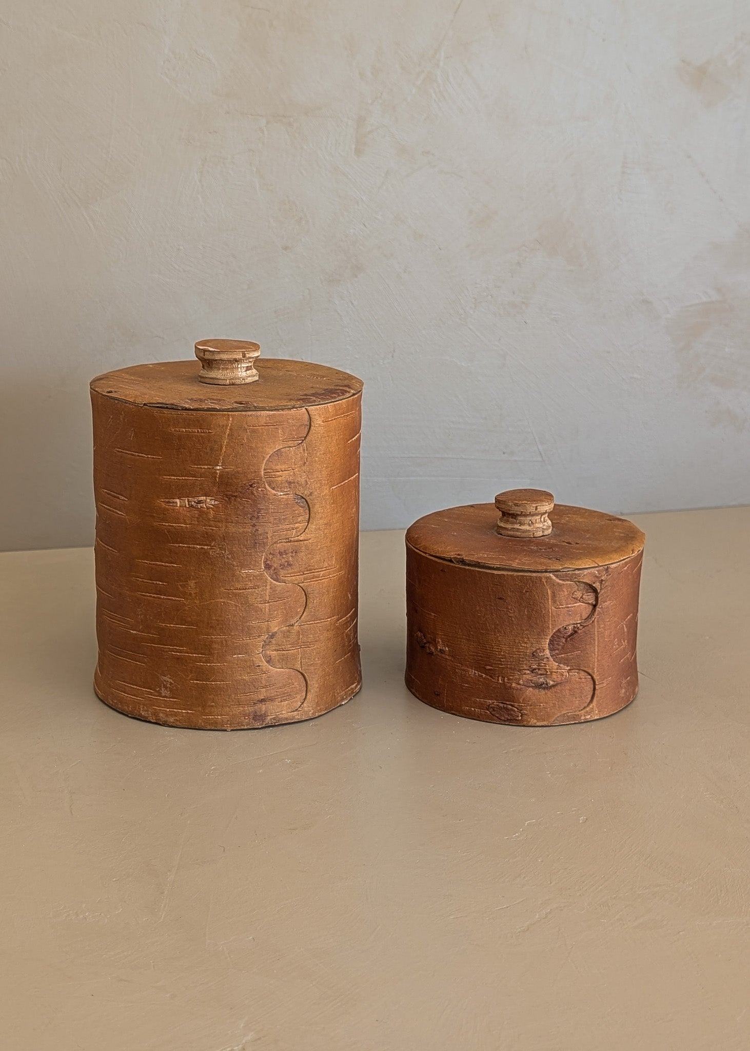 Pair of Vintage Swedish Birch Bark Faux "Kaffe" and "Socker" Coffee and Sugar Canisters