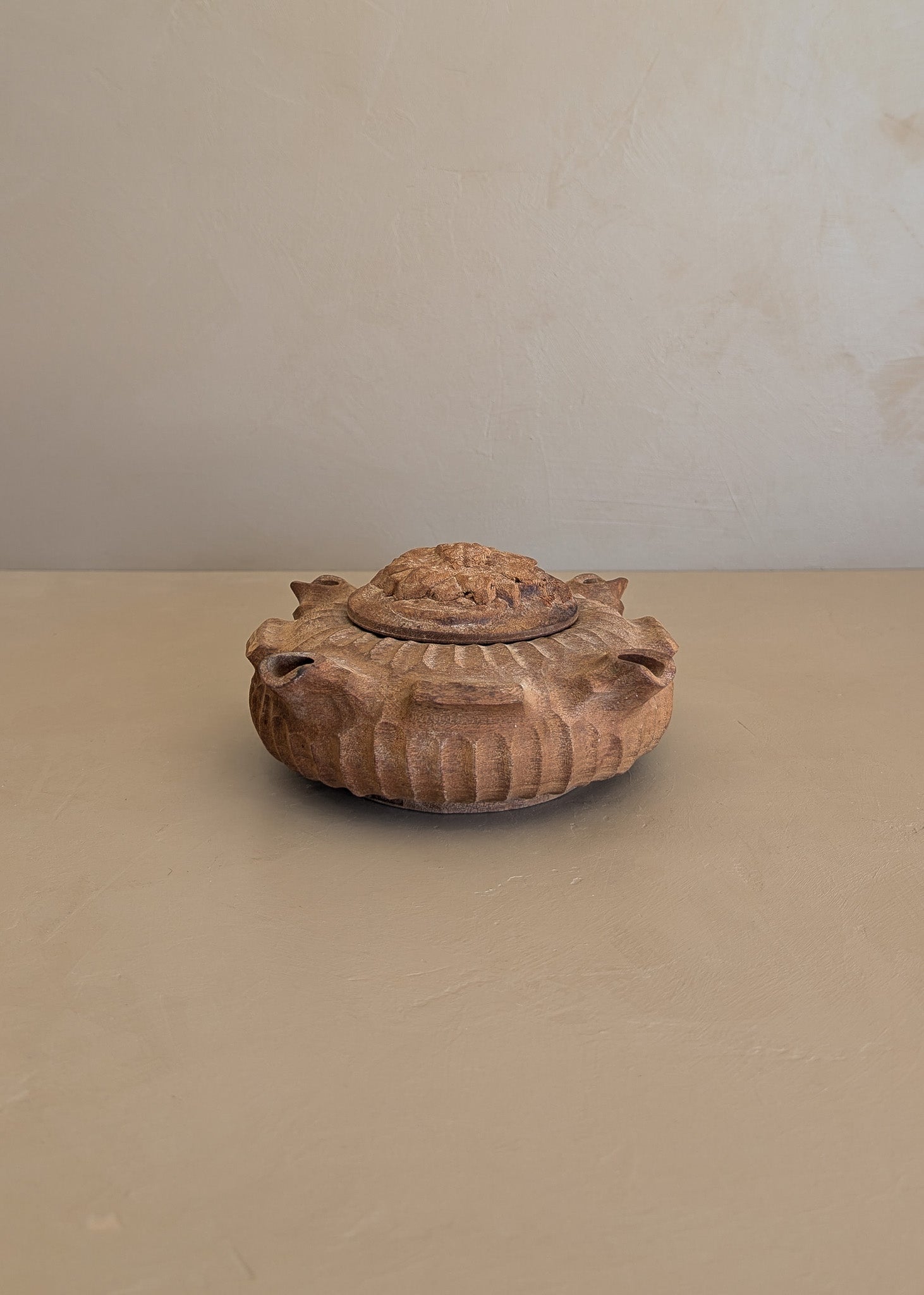Vintage French Hand-Carved Wooden Grole "Friendship Cup" with Carved Flower Lid