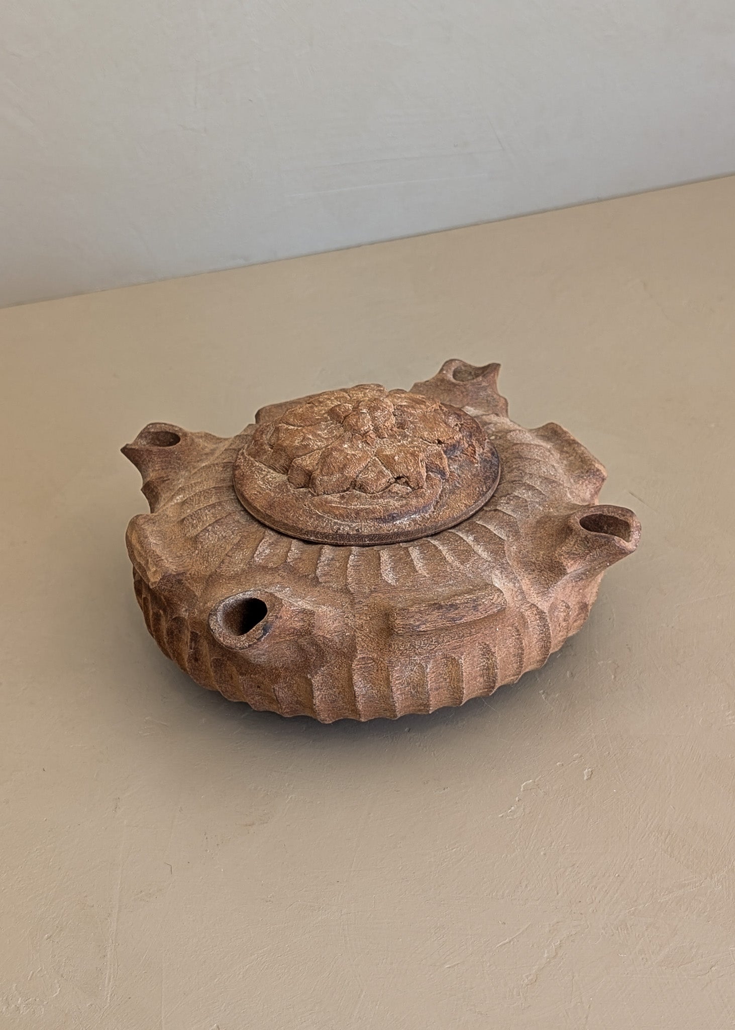 Vintage French Hand-Carved Wooden Grole "Friendship Cup" with Carved Flower Lid