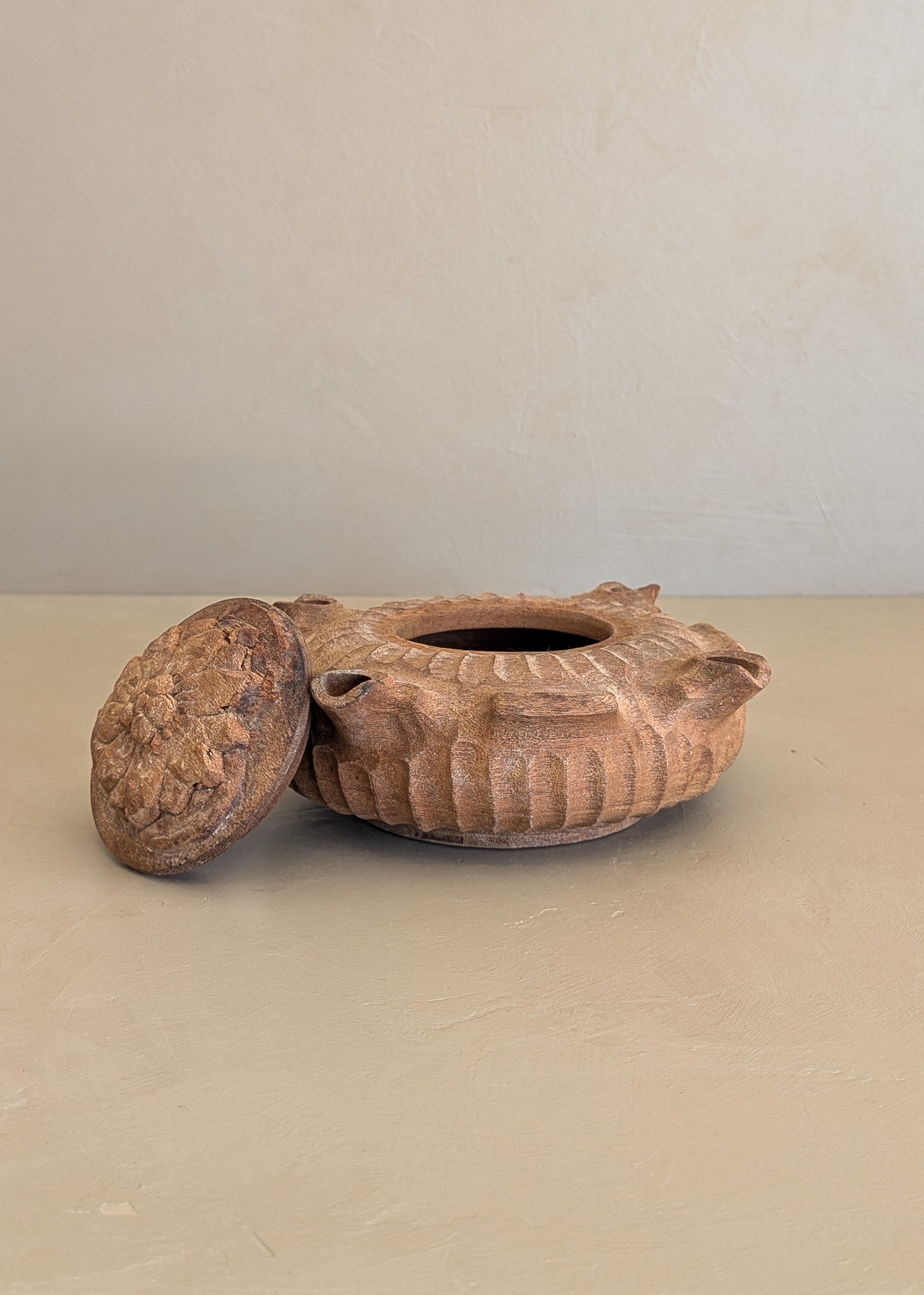 Vintage French Hand-Carved Wooden Grole "Friendship Cup" with Carved Flower Lid