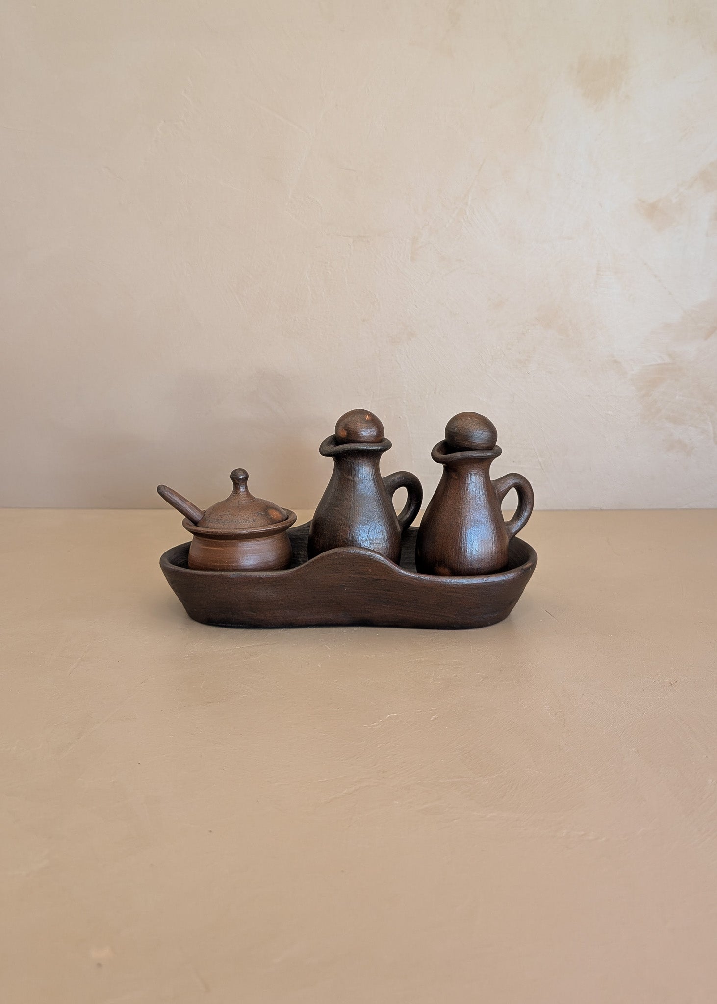 Petite Handmade Pottery Cruet Set with Tray