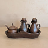 Petite Handmade Pottery Cruet Set with Tray