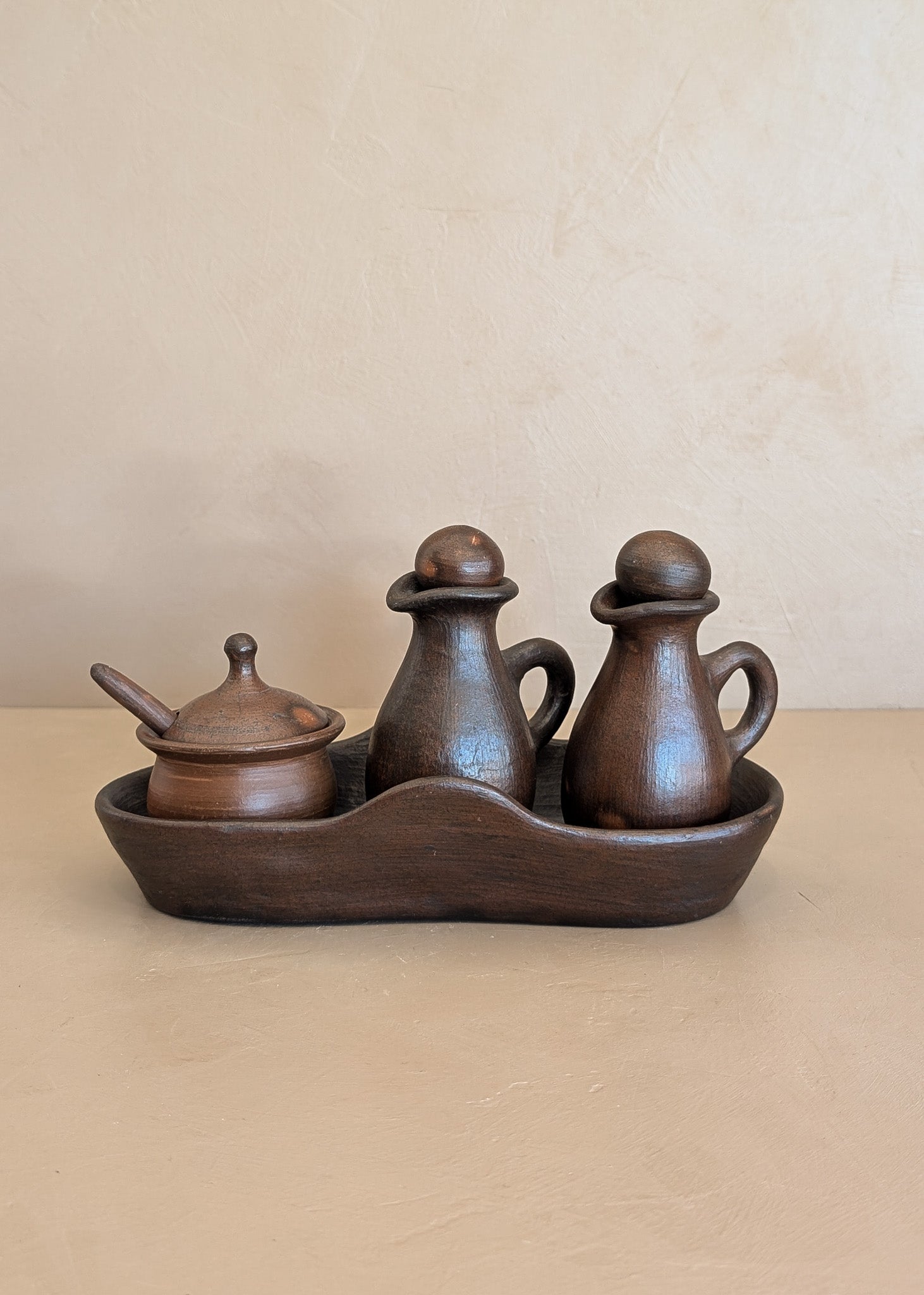 Petite Handmade Pottery Cruet Set with Tray