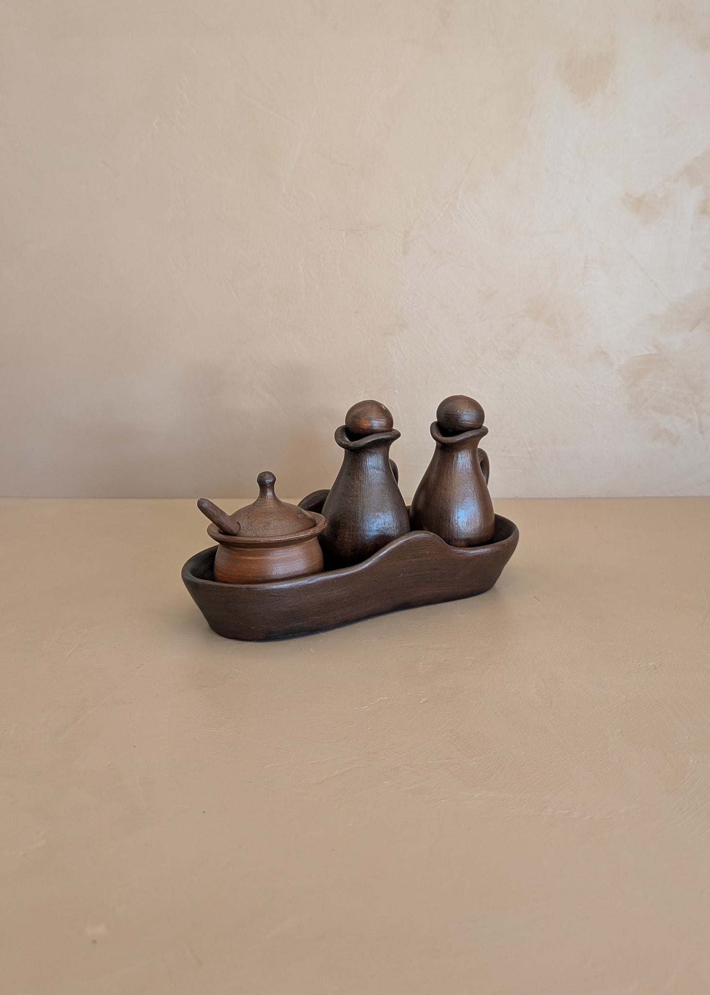 Petite Handmade Pottery Cruet Set with Tray