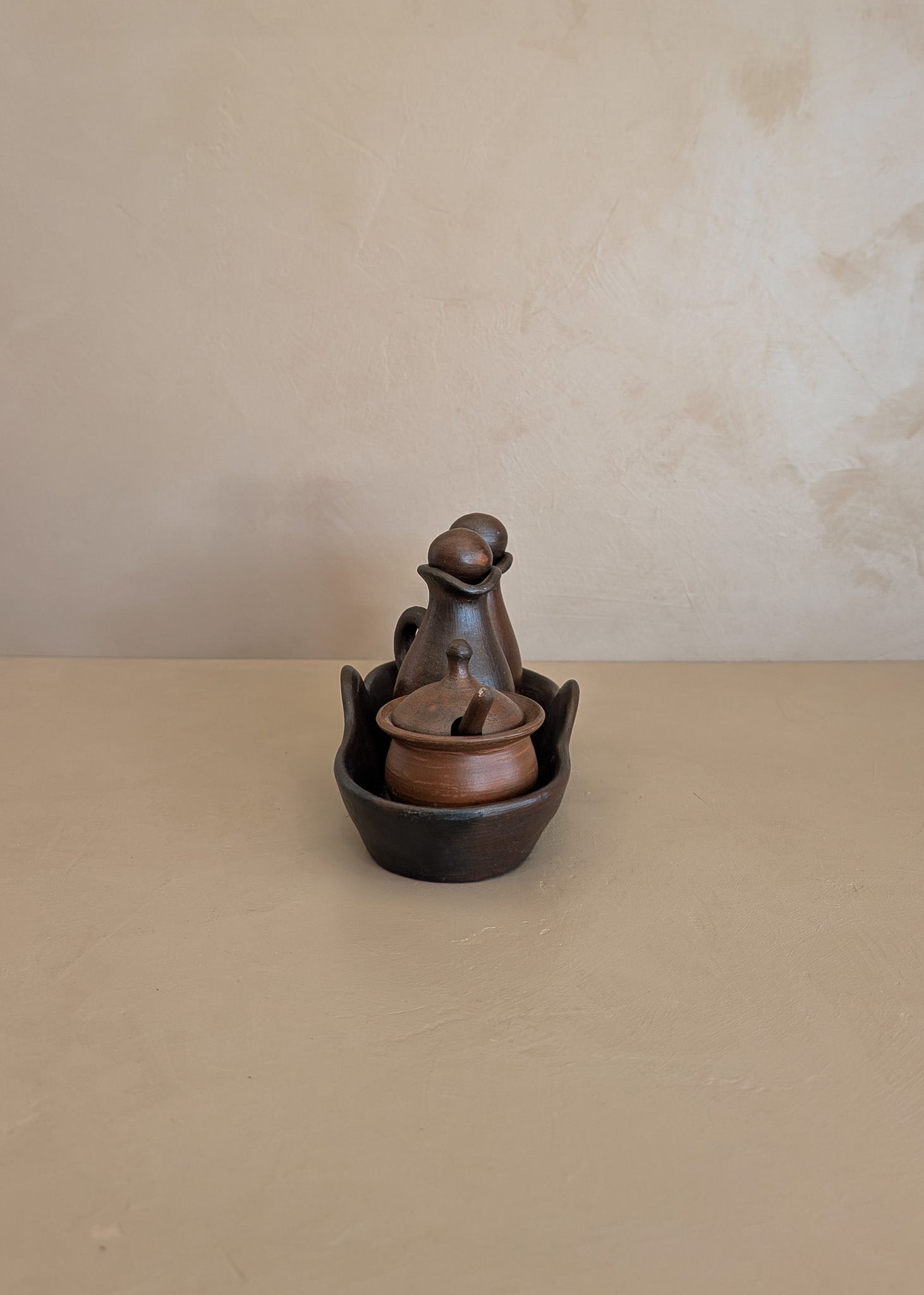 Petite Handmade Pottery Cruet Set with Tray
