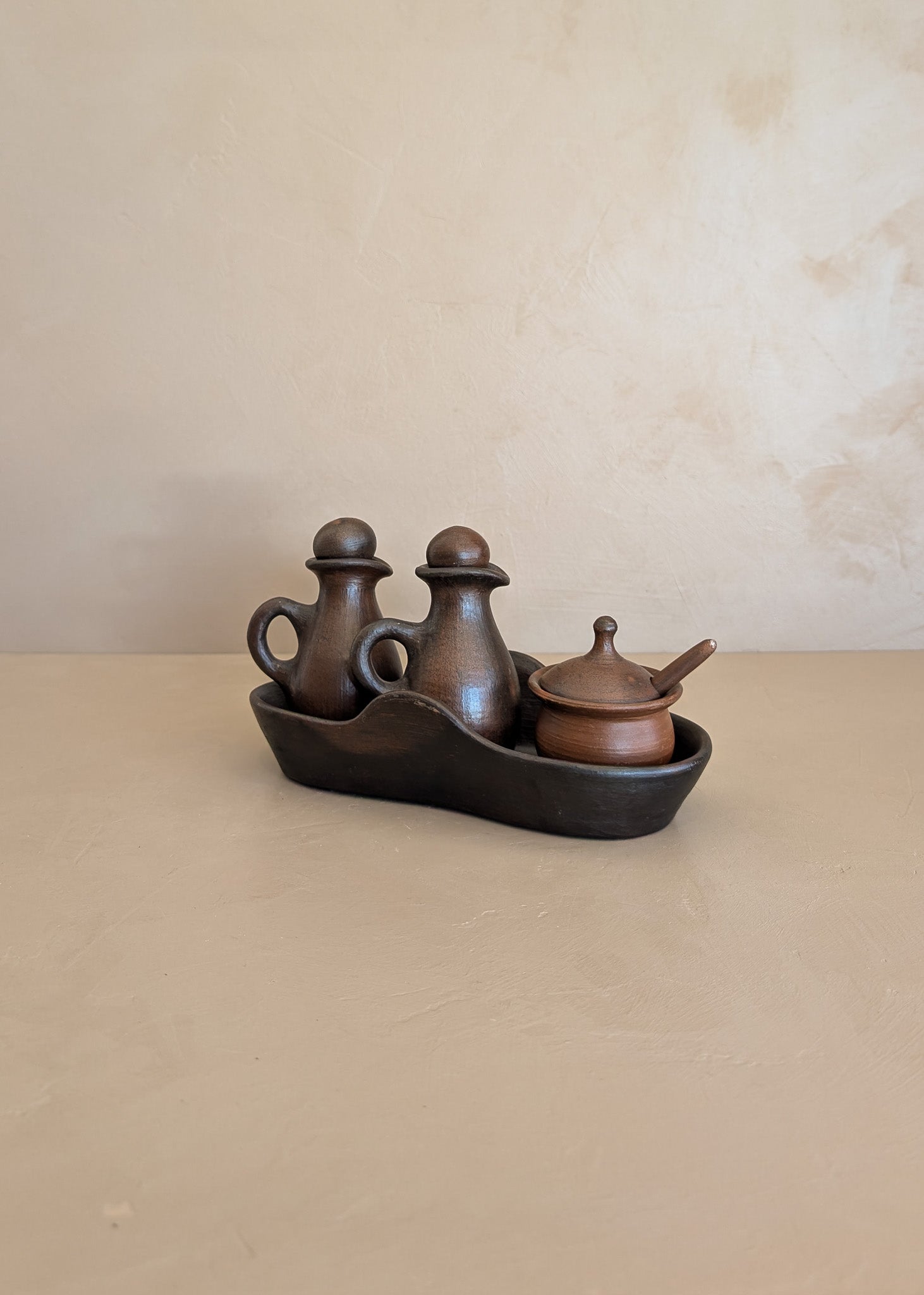 Petite Handmade Pottery Cruet Set with Tray