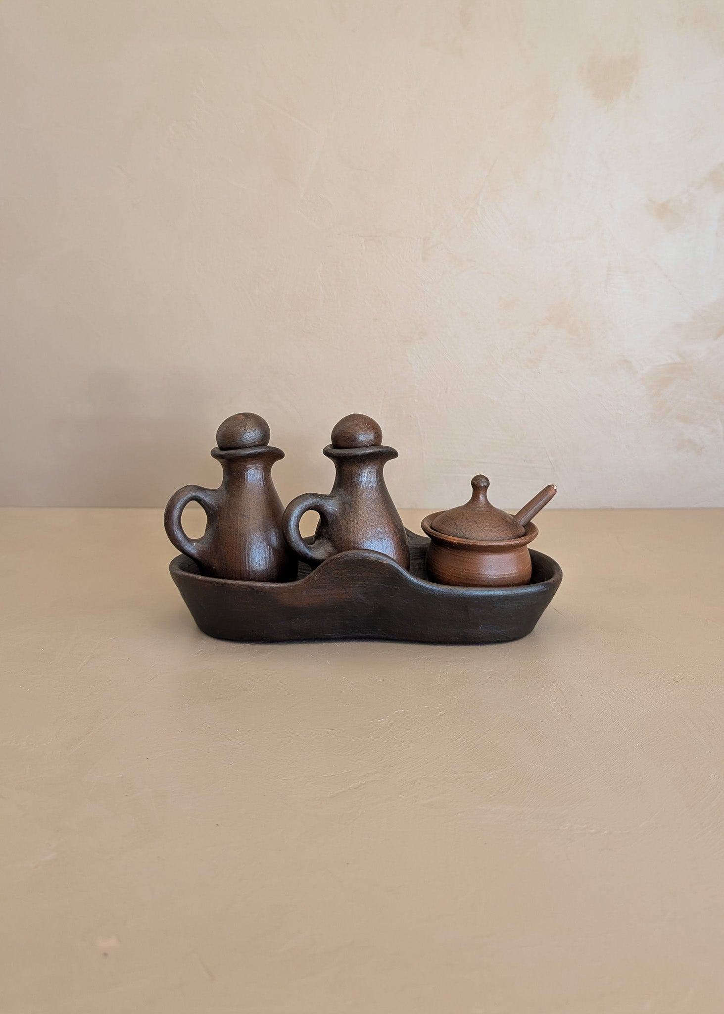 Petite Handmade Pottery Cruet Set with Tray