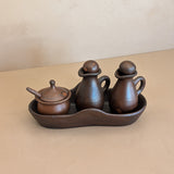 Petite Handmade Pottery Cruet Set with Tray