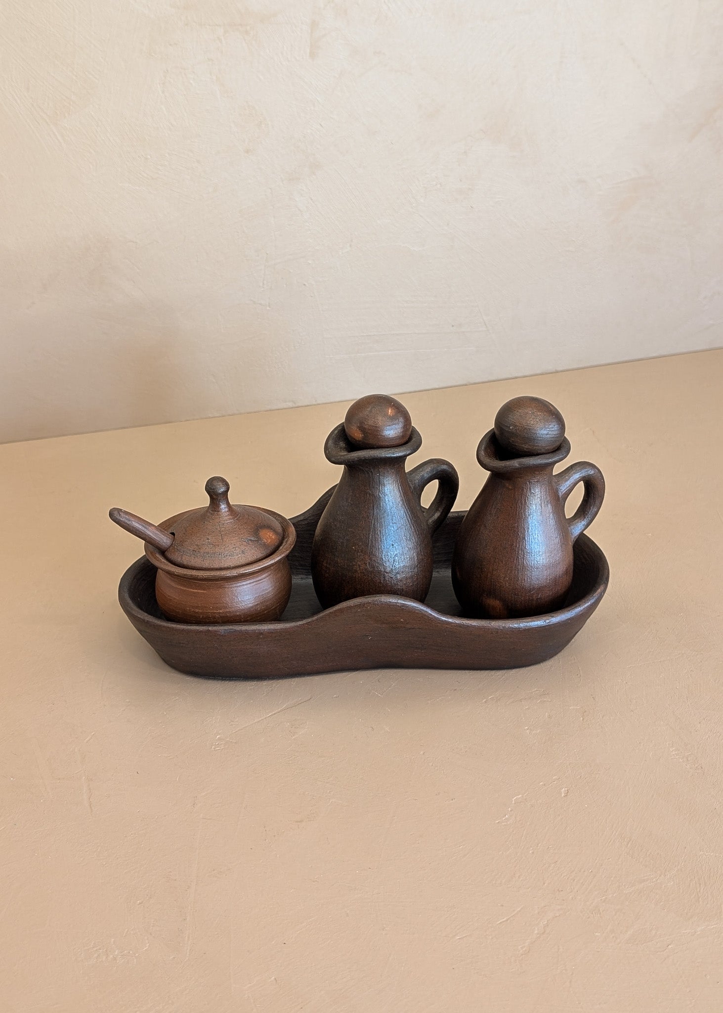 Petite Handmade Pottery Cruet Set with Tray