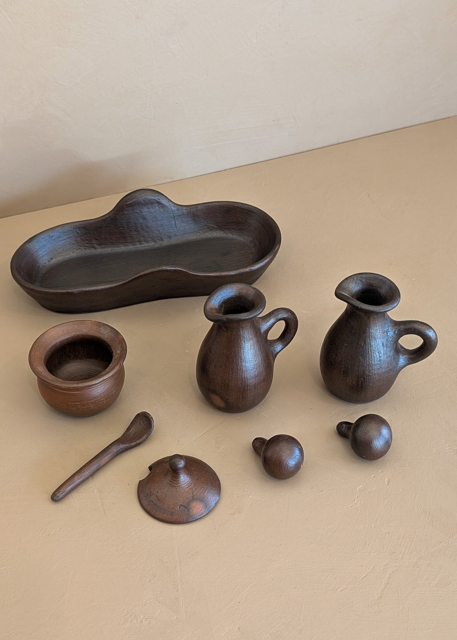 Petite Handmade Pottery Cruet Set with Tray