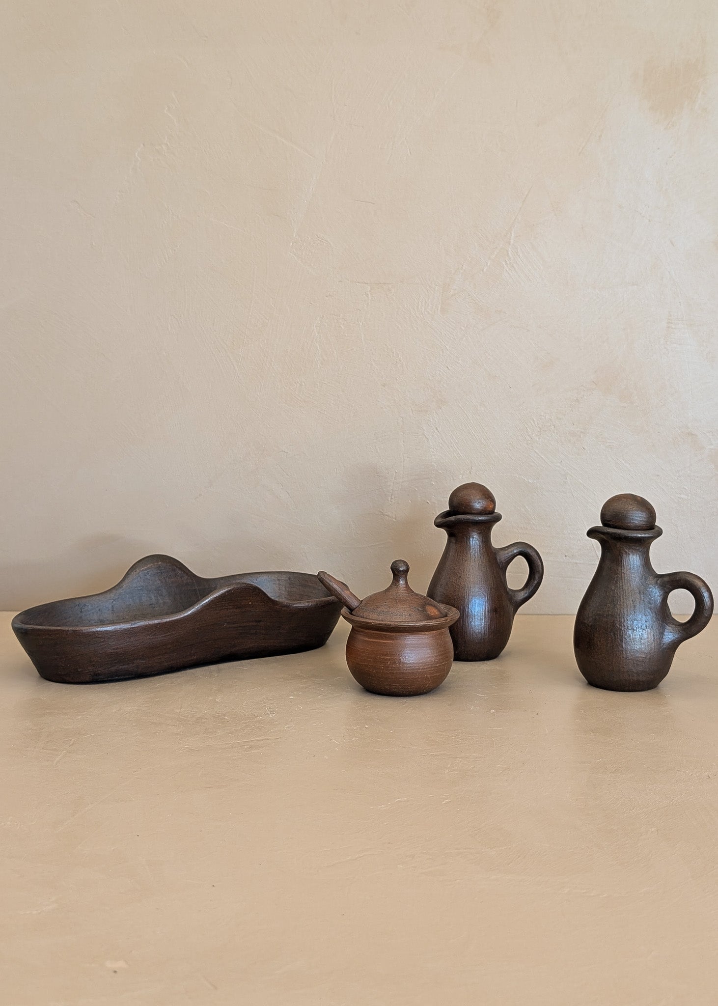 Petite Handmade Pottery Cruet Set with Tray