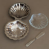 Vintage Silver-Plated Scallop Butter Dish with Glass Insert and Butter Knife