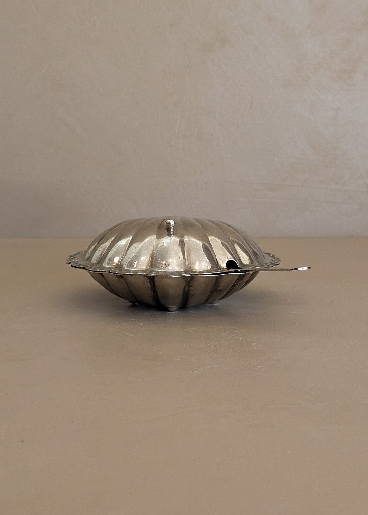 Vintage Silver-Plated Scallop Butter Dish with Glass Insert and Butter Knife