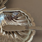 Vintage Silver-Plated Scallop Butter Dish with Glass Insert and Butter Knife