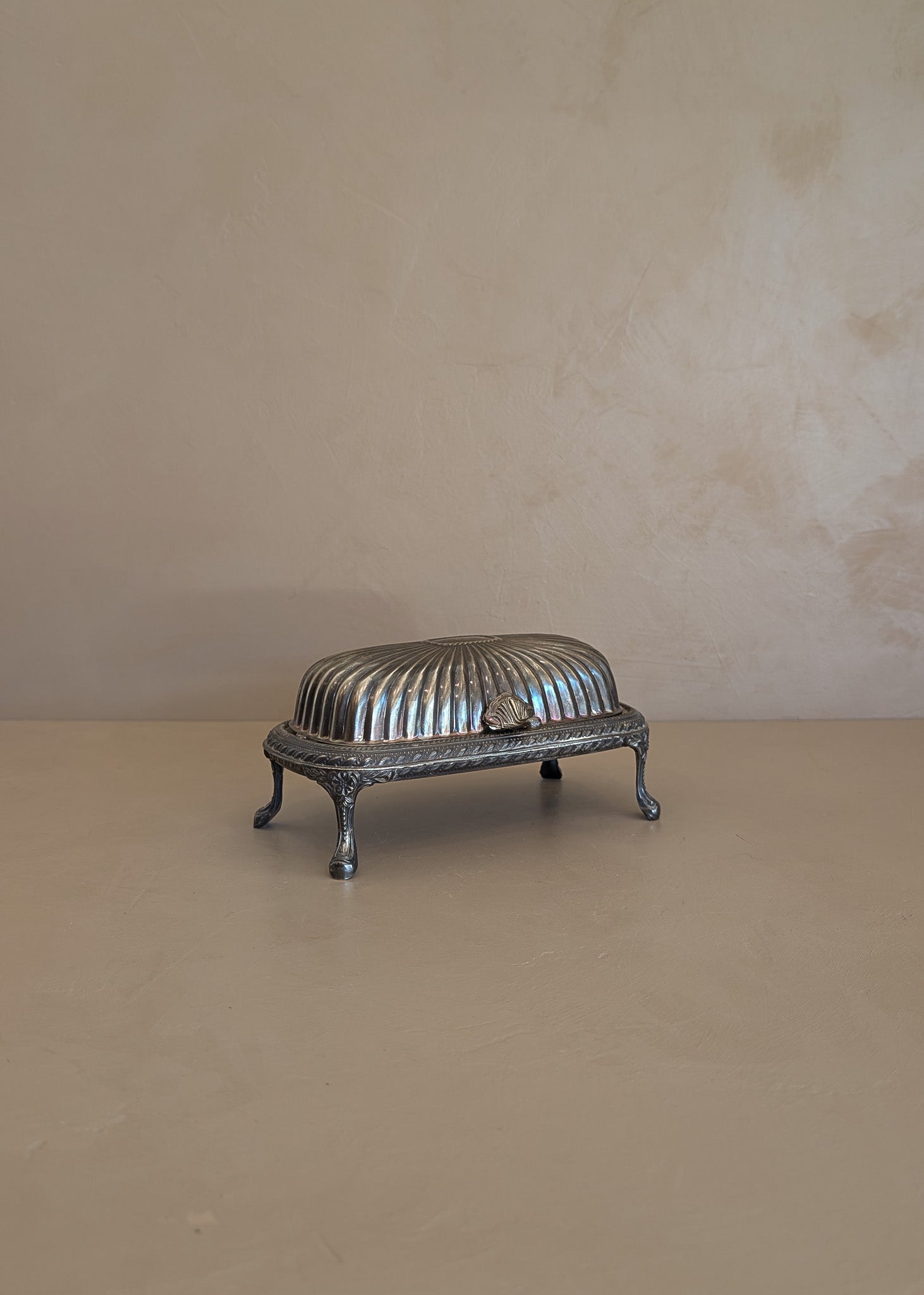 Vintage Silver-Plated Footed Dome Roll Top Butter Dish with Glass Insert