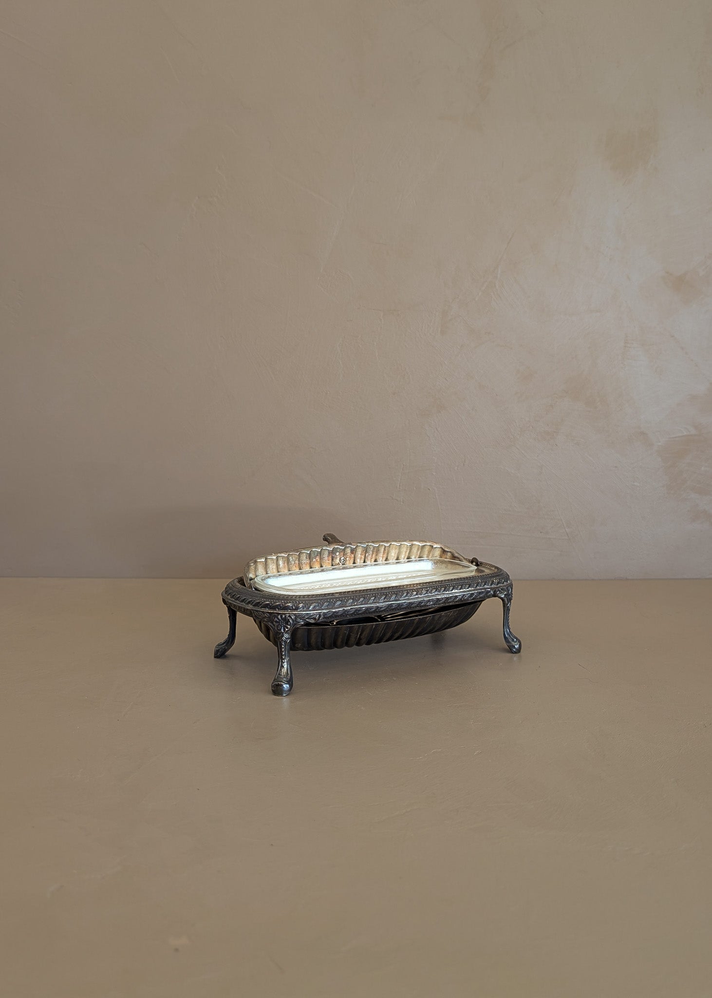 Vintage Silver-Plated Footed Dome Roll Top Butter Dish with Glass Insert