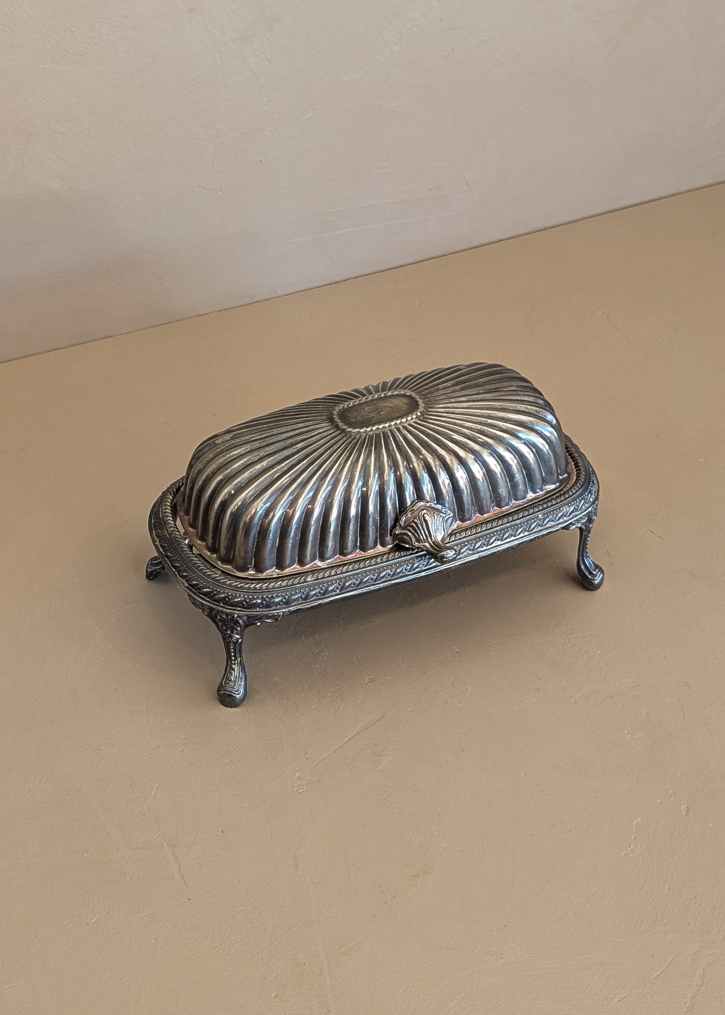 Vintage Silver-Plated Footed Dome Roll Top Butter Dish with Glass Insert