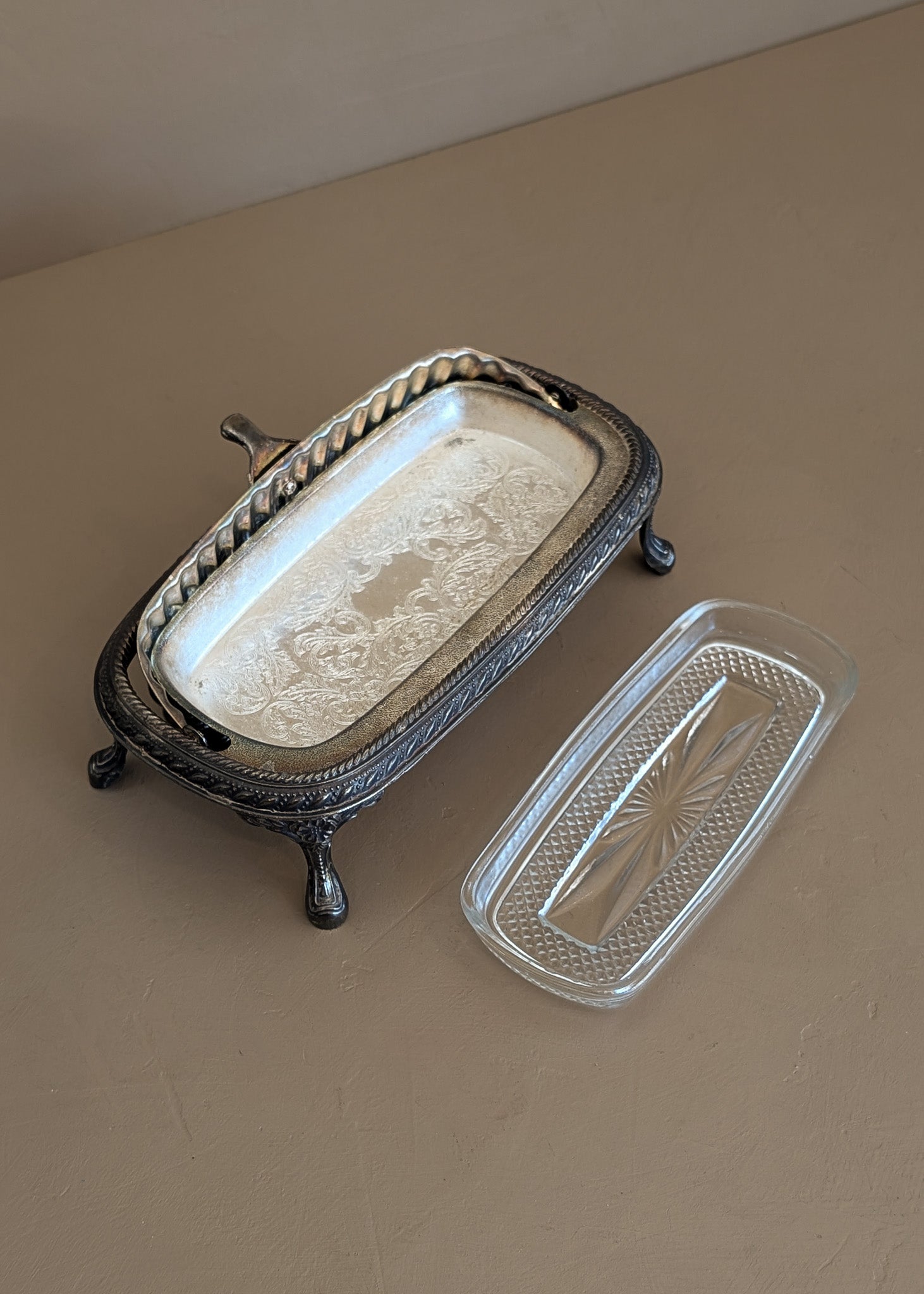 Vintage Silver-Plated Footed Dome Roll Top Butter Dish with Glass Insert