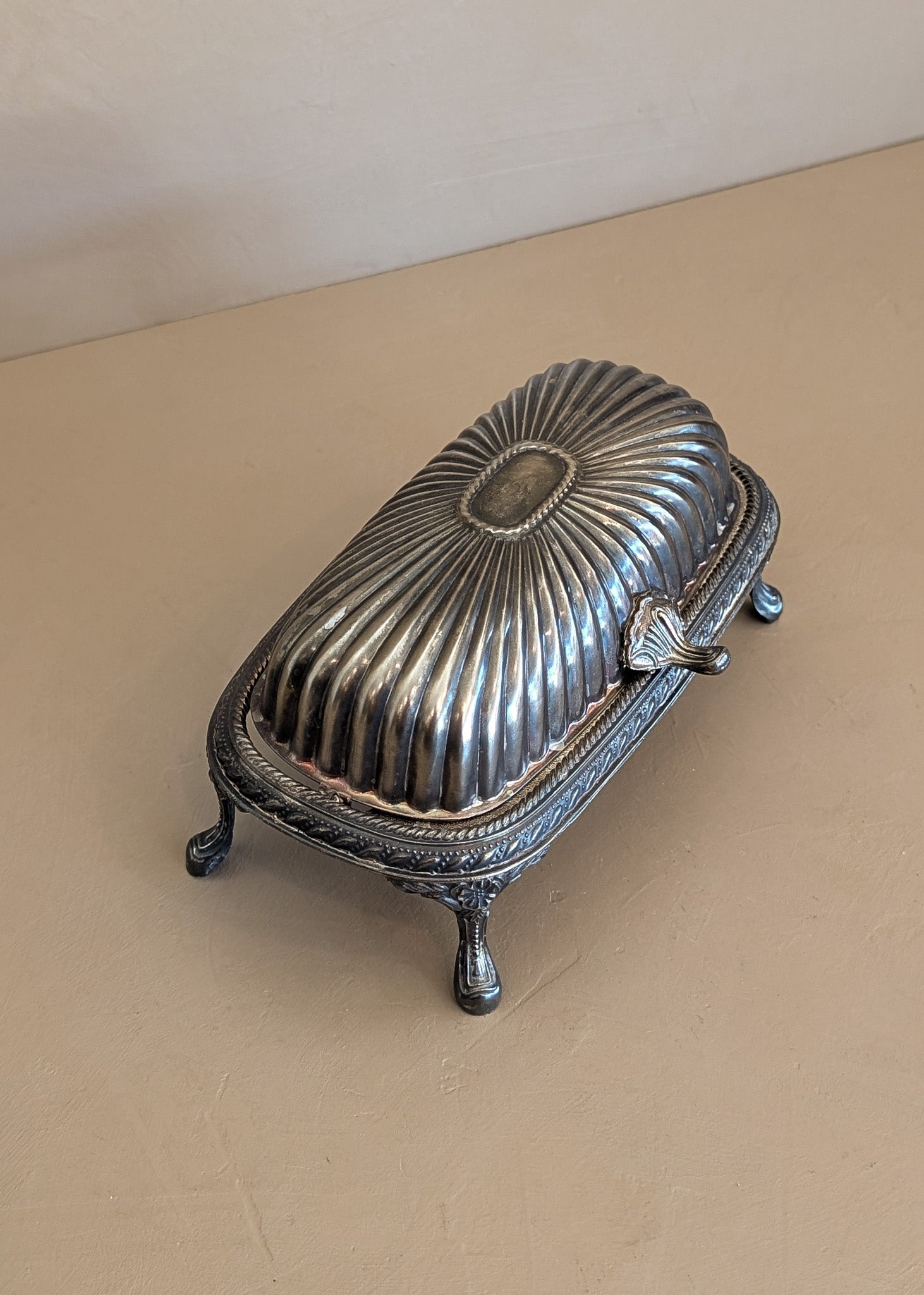Vintage Silver-Plated Footed Dome Roll Top Butter Dish with Glass Insert