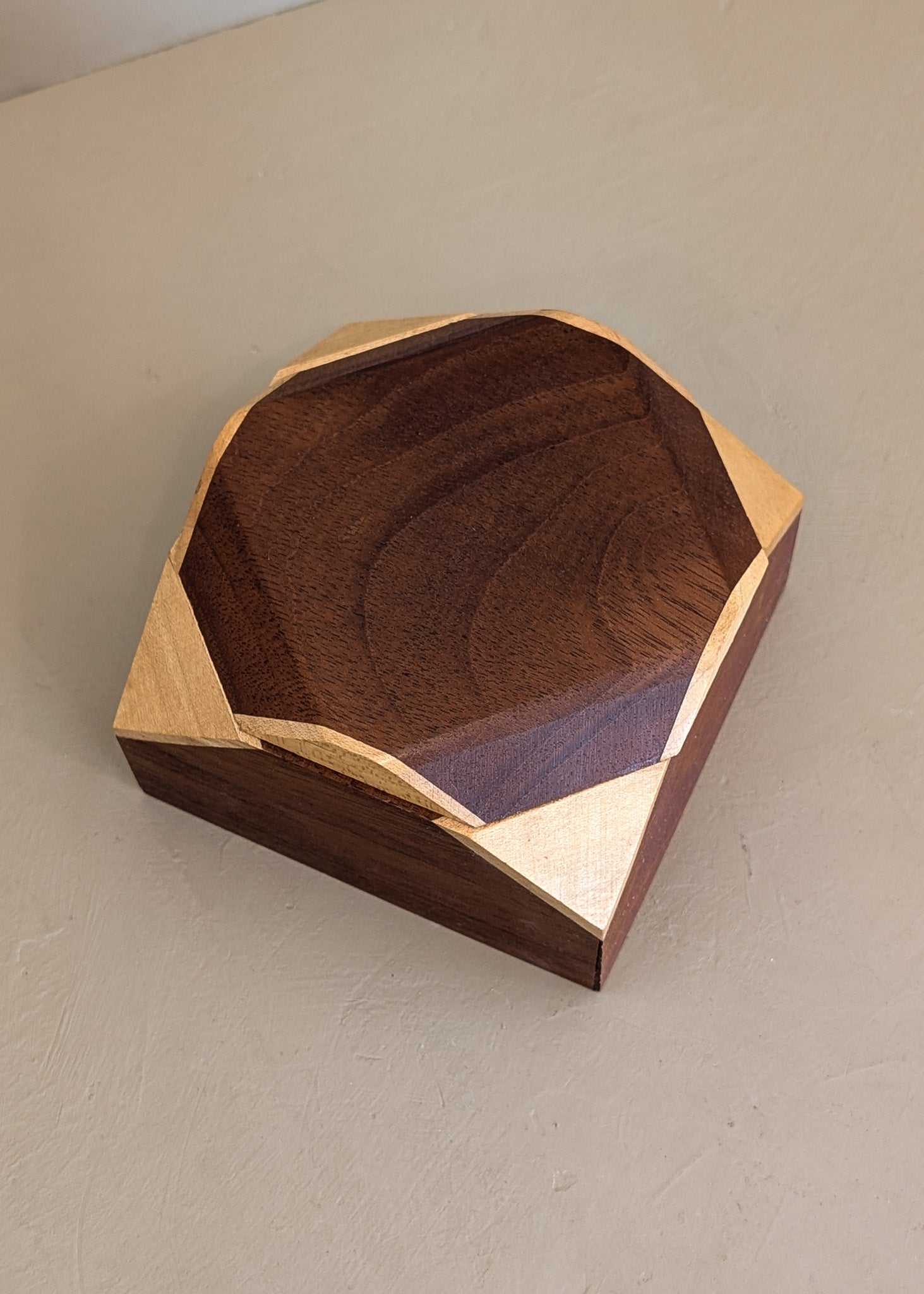 Unique Handcrafted Two-Tone Geometric Wooden Box with Lid