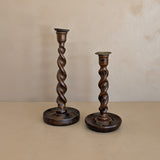 Pair of Antique English Oak and Brass Barley Twist Wooden Candlesticks