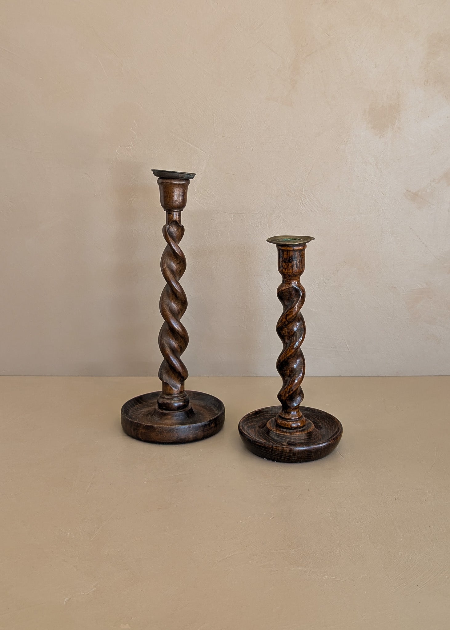 Pair of Antique English Oak and Brass Barley Twist Wooden Candlesticks