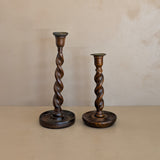 Pair of Antique English Oak and Brass Barley Twist Wooden Candlesticks