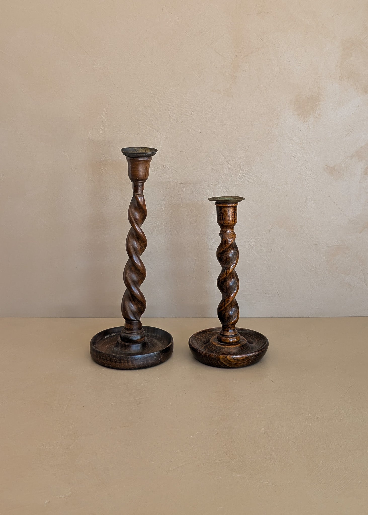 Pair of Antique English Oak and Brass Barley Twist Wooden Candlesticks