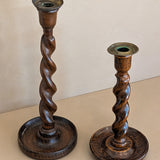 Pair of Antique English Oak and Brass Barley Twist Wooden Candlesticks