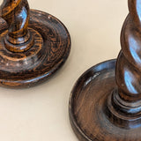 Pair of Antique English Oak and Brass Barley Twist Wooden Candlesticks