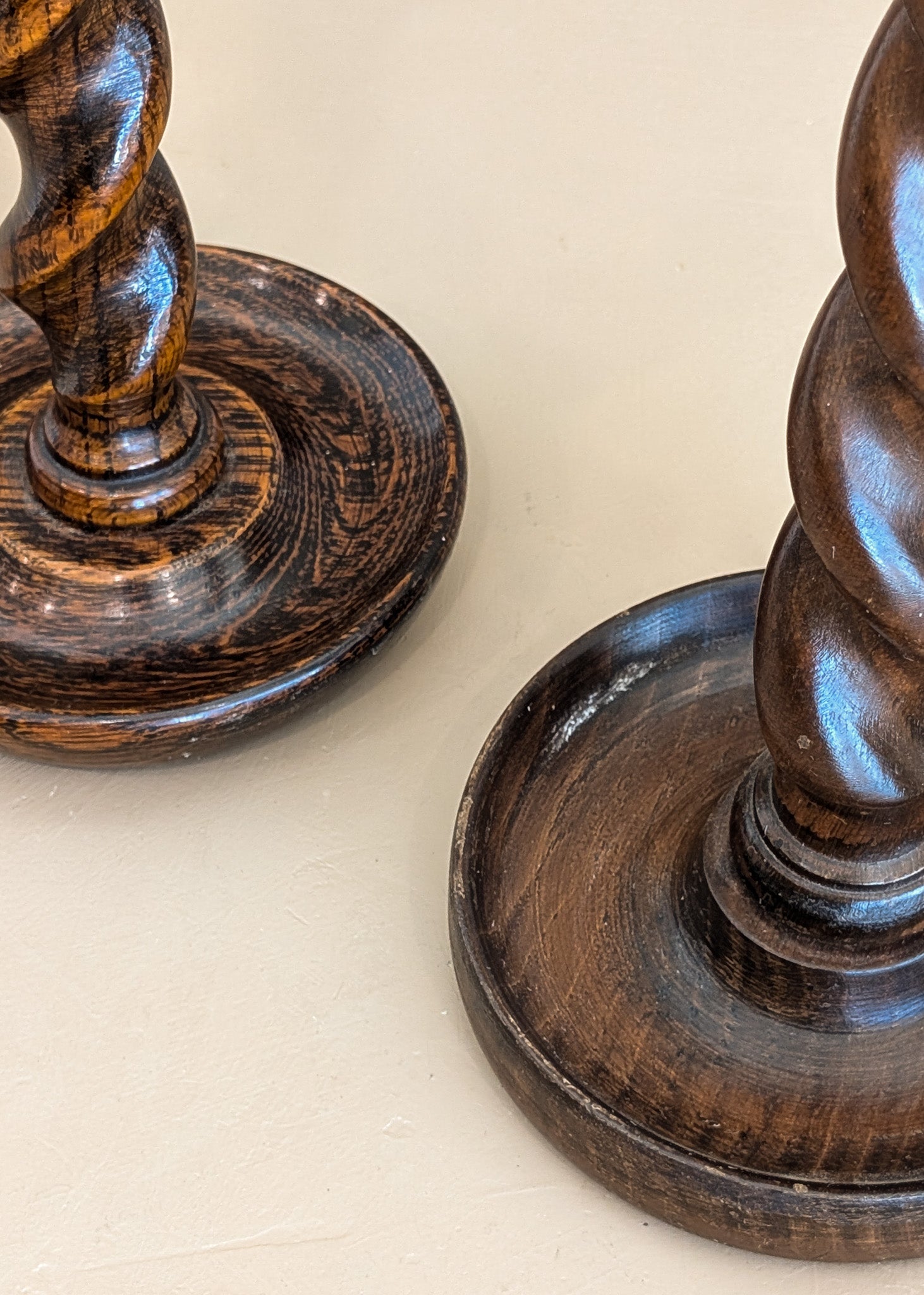 Pair of Antique English Oak and Brass Barley Twist Wooden Candlesticks