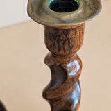 Pair of Antique English Oak and Brass Barley Twist Wooden Candlesticks