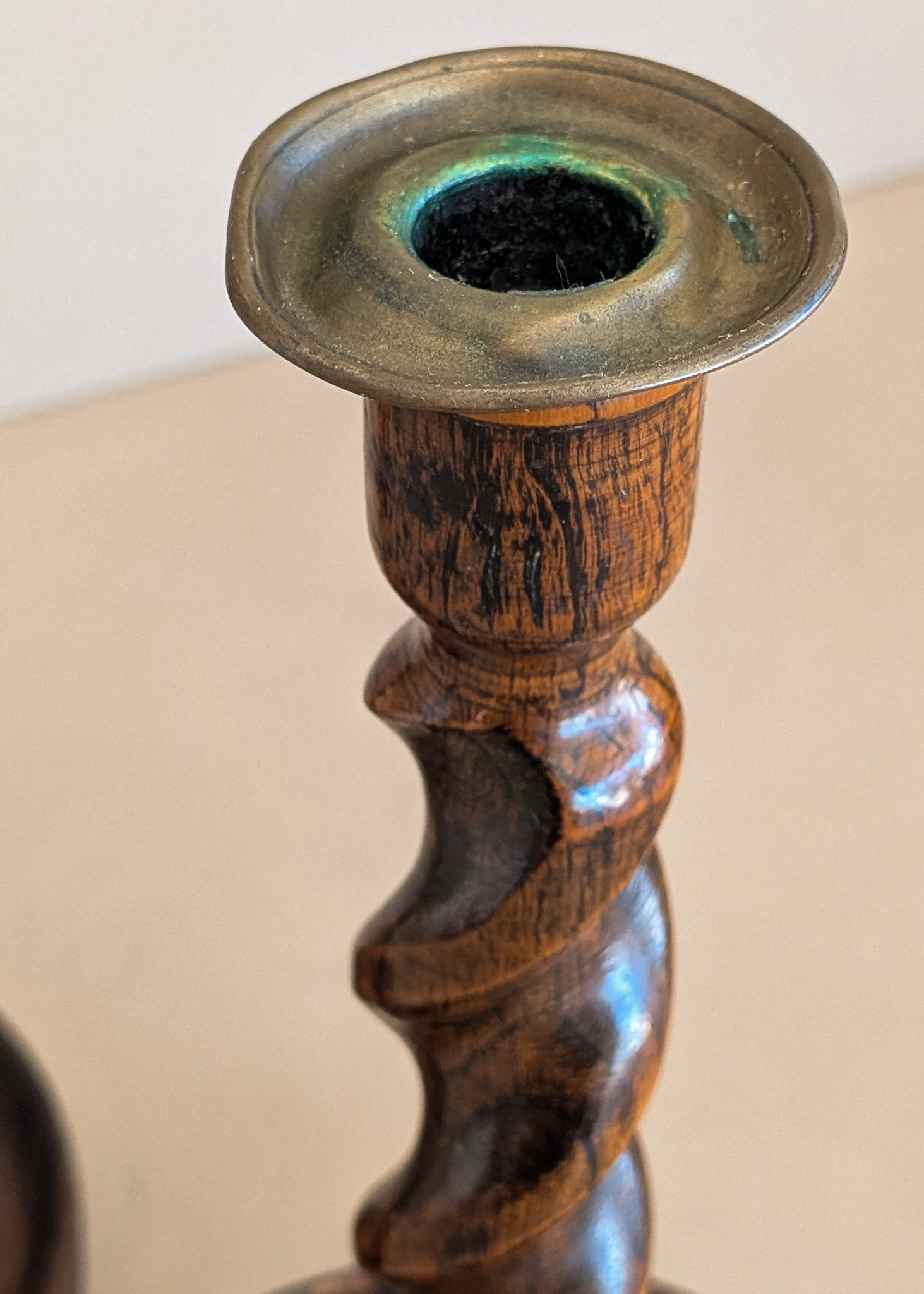 Pair of Antique English Oak and Brass Barley Twist Wooden Candlesticks