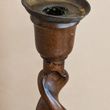Pair of Antique English Oak and Brass Barley Twist Wooden Candlesticks